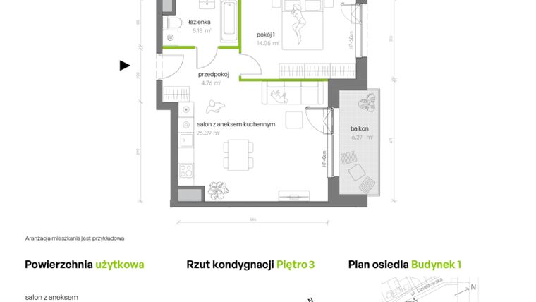Rzut - Mieszkanie na sprzedaż 2 pokoje o powierzchni 50,38 m² - numer 1.03.M39 w Morska Vita
