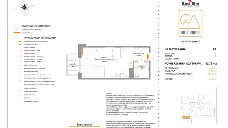 Rzut - Mieszkanie na sprzedaż 1 pokój o powierzchni 33,72 m² - numer B29 w Na Skarpie bud. B