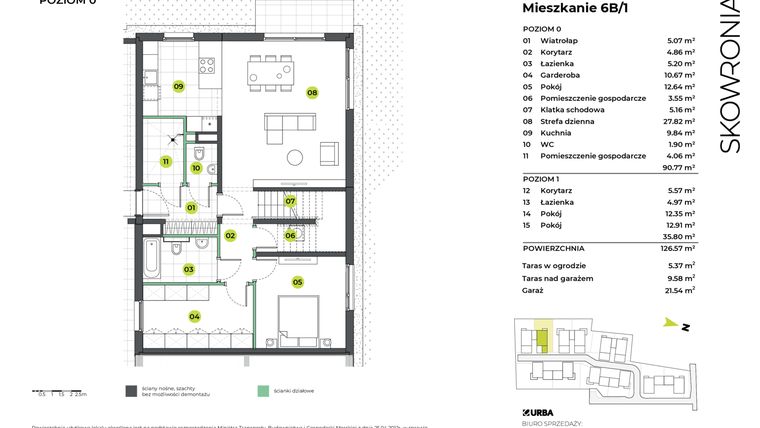 Rzut - Mieszkanie na sprzedaż 4 pokoje o powierzchni 126,57 m² - numer 6BL/1 w Skowronia