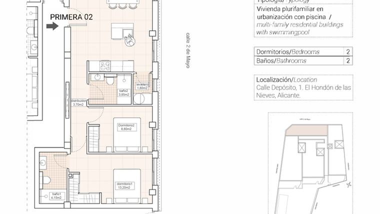 Rzut - Mieszkanie na sprzedaż 2 pokoje o powierzchni 83,8 m² - numer 2.1 w Mieszkania w Hondón de las Nieves - 65879943