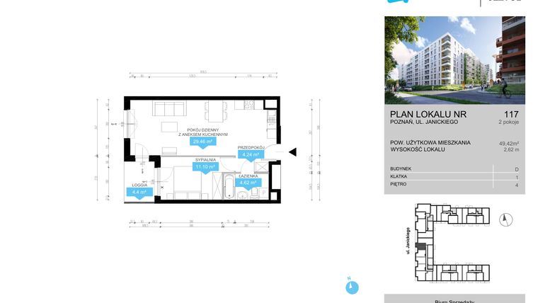 Rzut - Mieszkanie na sprzedaż 2 pokoje o powierzchni 49,42 m² - numer CDEF.117 w Wieża Jeżyce etap II