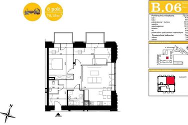 Rzut - Mieszkanie na sprzedaż 3 pokoje o powierzchni 72,15 m² - numer B.6 w ART MODERN etap III - Modern Loft