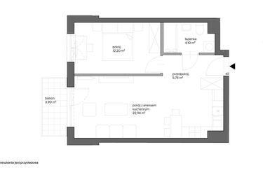 Rzut - Mieszkanie na sprzedaż 2 pokoje o powierzchni 44,98 m² - numer B.027 w Słoneczne Miasteczko - etap XV