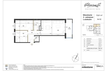 Rzut - Mieszkanie na sprzedaż 3 pokoje o powierzchni 75,81 m² - numer 2 w Kamienica Nova Chopina 22