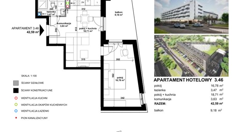 Rzut - Mieszkanie na sprzedaż 2 pokoje o powierzchni 42,43 m² - numer 3.46 w Apartamentowiec Zwycięska 3 - inwestycyjne