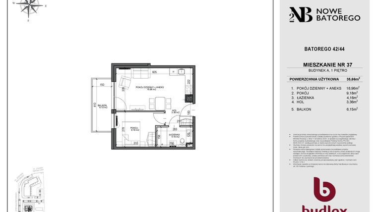 Rzut - Mieszkanie na sprzedaż 2 pokoje o powierzchni 35,66 m² - numer A37 w Nowe Batorego 2