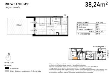 Rzut - Mieszkanie na sprzedaż 1 pokój o powierzchni 38,24 m² - numer M30 w Finezja