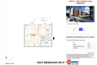 Rzut - Mieszkanie na sprzedaż 2 pokoje o powierzchni 49,37 m² - numer B.27 w Wólczańska 248 - etap II