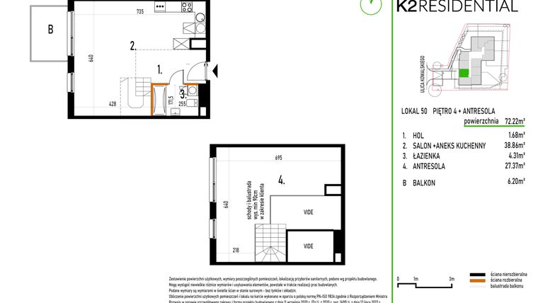 Rzut - Mieszkanie na sprzedaż 1 pokój o powierzchni 72,22 m² - numer 50 w Kowalskiego 37