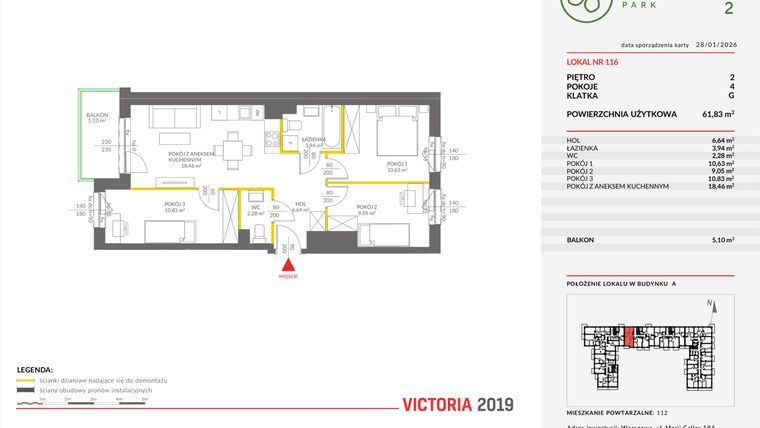 Rzut - Mieszkanie na sprzedaż 4 pokoje o powierzchni 61,67 m² - numer A.116 w Olchowy Park II