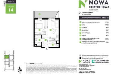 Rzut - Mieszkanie na sprzedaż 2 pokoje o powierzchni 43,62 m² - numer E14 w Nowa Częstochowa Małopolska etap II
