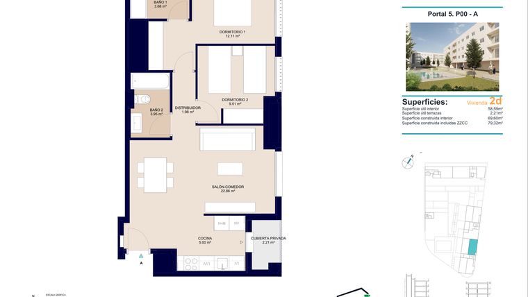 Rzut - Mieszkanie na sprzedaż 2 pokoje o powierzchni 79,32 m² - numer 0-A w Mieszkania w Alicante - 48158915