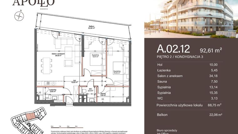 Rzut - Mieszkanie na sprzedaż 3 pokoje o powierzchni 88,75 m² - numer A.2.12 w Apollo Residence