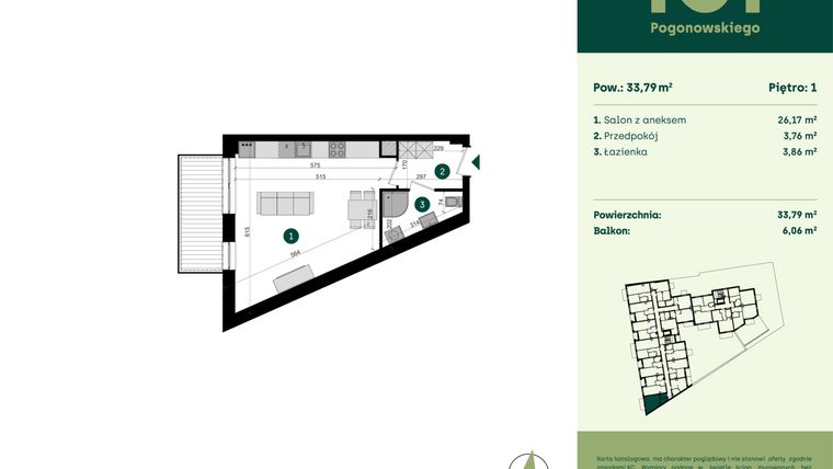 Rzut - Mieszkanie na sprzedaż 1 pokój o powierzchni 33,79 m² - numer POGO2/A/2D w Pogonowskiego 52