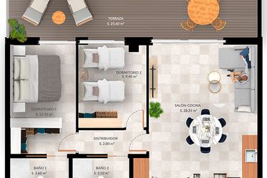 Rzut - Mieszkanie na sprzedaż 2 pokoje o powierzchni 73,57 m² - numer 2-B w Mieszkania w Finestrat - 71577609