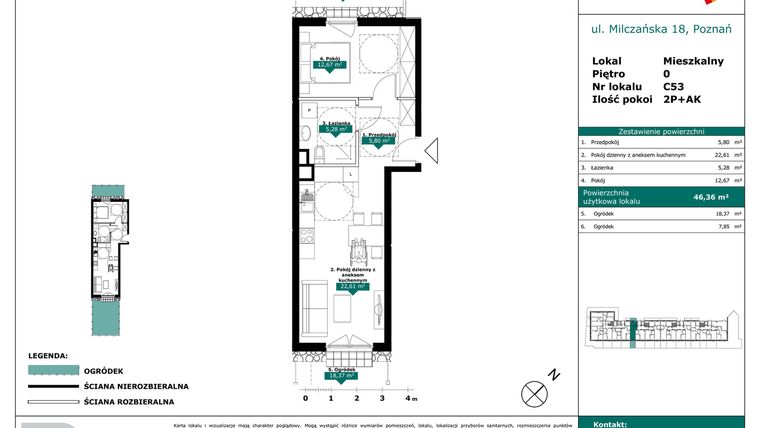 Rzut - Mieszkanie na sprzedaż 2 pokoje o powierzchni 46,36 m² - numer C53 w Milczańska 18