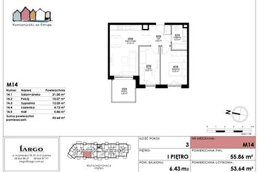 Rzut - Mieszkanie na sprzedaż 3 pokoje o powierzchni 53,64 m² - numer M14 w Kamieniczki za Strugą