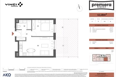 Rzut - Mieszkanie na sprzedaż 2 pokoje o powierzchni 41,48 m² - numer C.02 w Premiera Bemowo