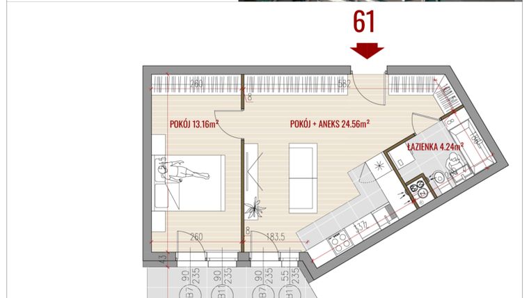 Rzut - Mieszkanie na sprzedaż 2 pokoje o powierzchni 41,96 m² - numer 61 w HUZAR B3