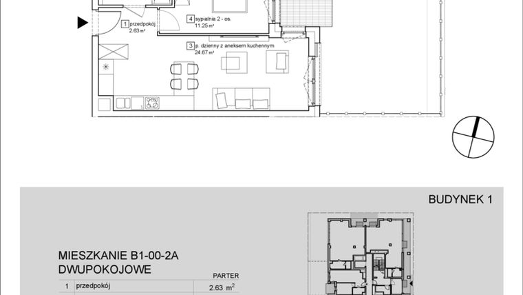 Rzut - Mieszkanie na sprzedaż 2 pokoje o powierzchni 43,11 m² - numer B1-00-2A w Francuska Park IX