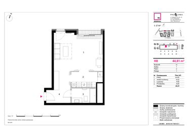 Rzut - Mieszkanie na sprzedaż 1 pokój o powierzchni 44,81 m² - numer H8 w 19. Dzielnica Etap V