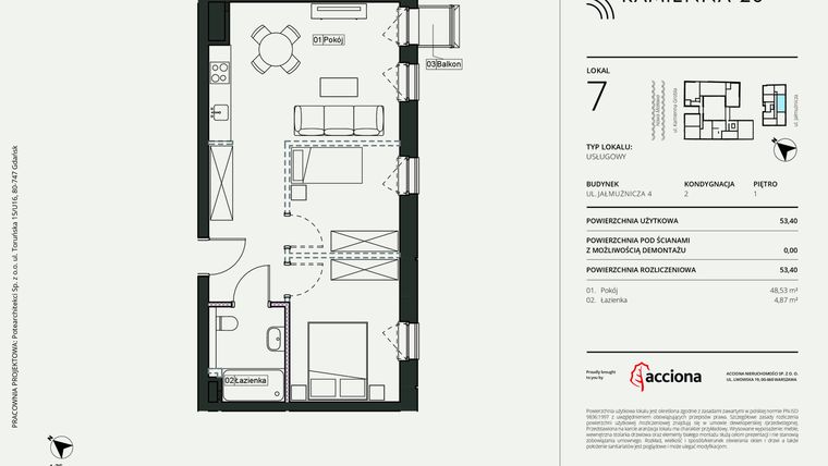 Rzut - Mieszkanie na sprzedaż 1 pokój o powierzchni 53,4 m² - numer 4.7 w Kamienna 28 - apartamenty inwestycyjne