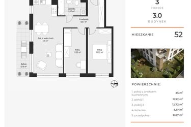 Rzut - Mieszkanie na sprzedaż 3 pokoje o powierzchni 63,48 m² - numer 52 w Bytkowska 3.0