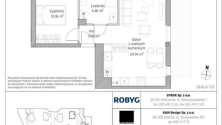 Rzut - Mieszkanie na sprzedaż 2 pokoje o powierzchni 43,82 m² - numer B7.0M01 w ROSA Residence etap II