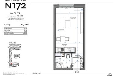 Rzut - Mieszkanie na sprzedaż 1 pokój o powierzchni 27,29 m² - numer 03.05 w Naramowicka 172