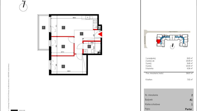 Rzut - Mieszkanie na sprzedaż 3 pokoje o powierzchni 56,67 m² - numer 2 w Mochtyńska 56