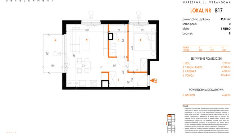 Rzut - Mieszkanie na sprzedaż 2 pokoje o powierzchni 45,81 m² - numer B17 w Werandowa