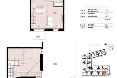 Rzut - Mieszkanie na sprzedaż 2 pokoje o powierzchni 61,6 m² - numer 206 w Szczecińska 20