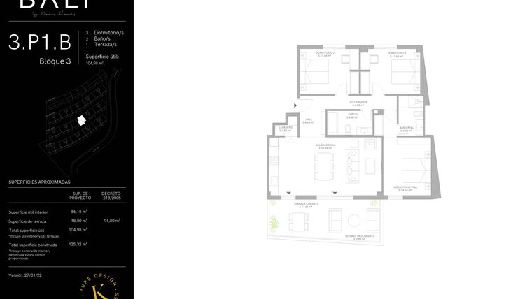Rzut - Mieszkanie na sprzedaż 3 pokoje o powierzchni 86,18 m² - numer 34.03.1.B w Bali