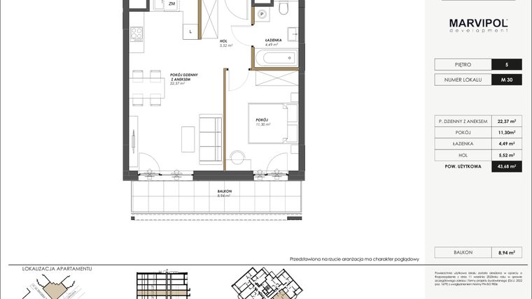 Rzut - Mieszkanie na sprzedaż 2 pokoje o powierzchni 43,68 m² - numer M30 w SENGERA 1