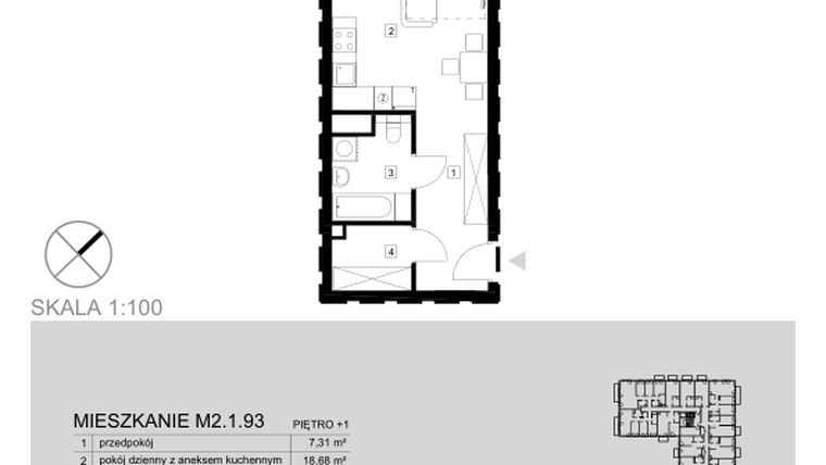 Rzut - Mieszkanie na sprzedaż 1 pokój o powierzchni 34,01 m² - numer M2.1.93 w Modern Helenów