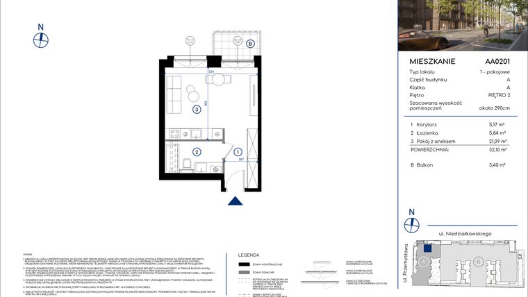 Rzut - Mieszkanie na sprzedaż 1 pokój o powierzchni 32,1 m² - numer AA0201 w Niedziałkowskiego Park