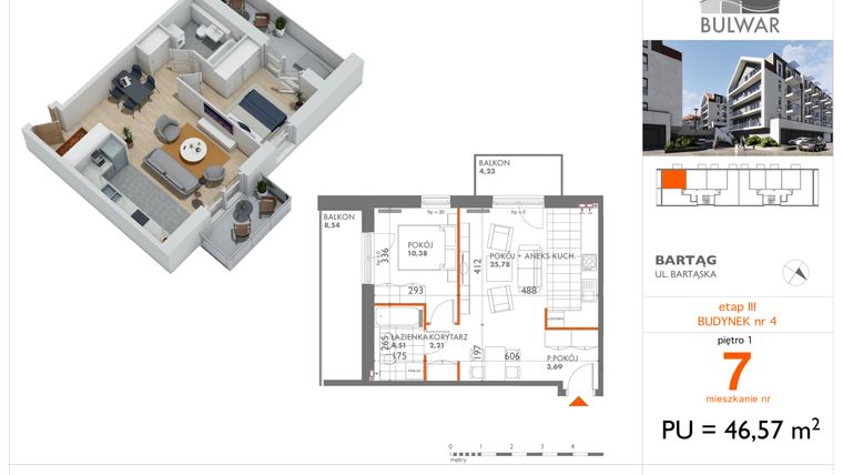Rzut - Mieszkanie na sprzedaż 2 pokoje o powierzchni 46,57 m² - numer 7 w Osiedle Bulwar bud. 4