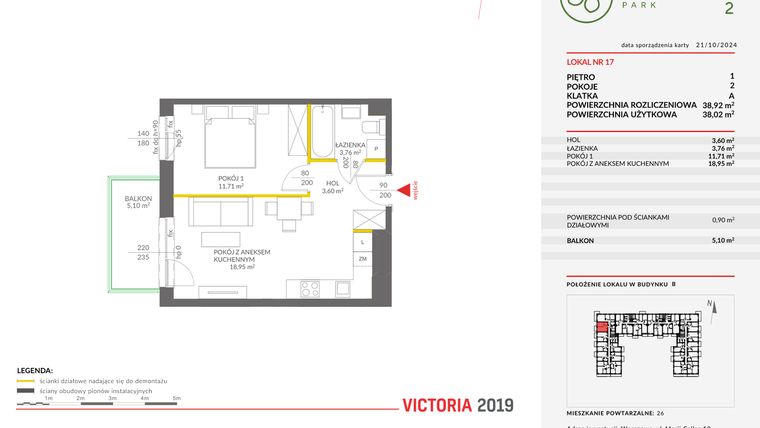 Rzut - Mieszkanie na sprzedaż 2 pokoje o powierzchni 38,92 m² - numer B.17 w Olchowy Park II