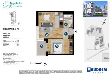 Rzut - Mieszkanie na sprzedaż 1 pokój o powierzchni 43,58 m² - numer B71 w Kapelanka-Pychowicka Etap III