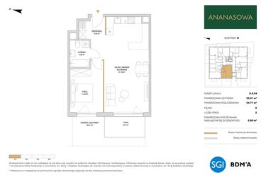 Rzut - Mieszkanie na sprzedaż 2 pokoje o powierzchni 54,71 m² - numer D.0.04 w Ananasowa