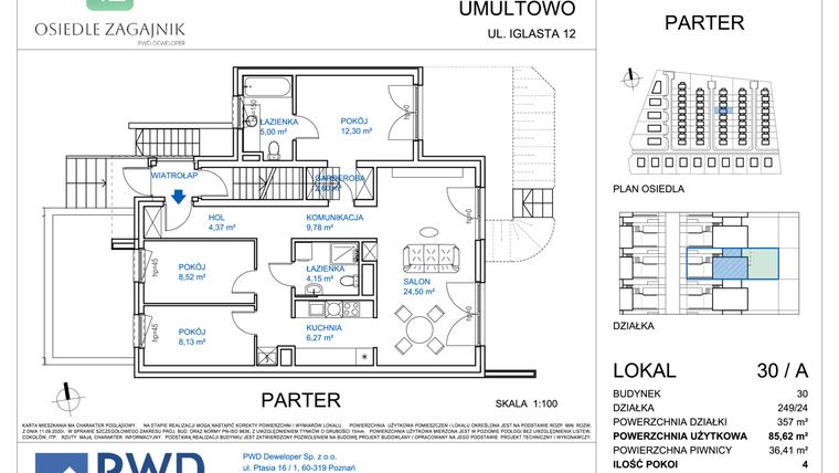 Rzut - Mieszkanie na sprzedaż 4 pokoje o powierzchni 85,62 m² - numer 30/A w Osiedle Zagajnik etap II - mieszkania