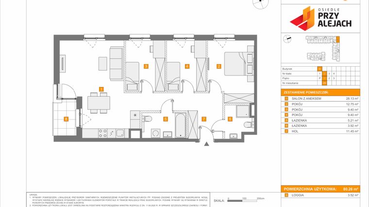 Rzut - Mieszkanie na sprzedaż 4 pokoje o powierzchni 80,26 m² - numer 3.1.D.29 w Osiedle przy Alejach etap 3