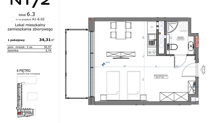 Rzut - Mieszkanie na sprzedaż 1 pokój o powierzchni 34,31 m² - numer 06.03 w Naramowicka 172