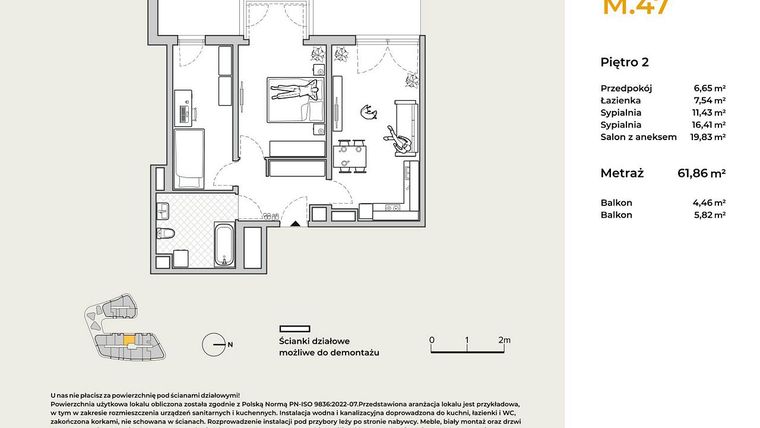 Rzut - Mieszkanie na sprzedaż 3 pokoje o powierzchni 61,86 m² - numer M47 w Baja Piaśniki