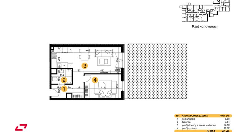 Rzut - Mieszkanie na sprzedaż 2 pokoje o powierzchni 43,44 m² - numer M10 w Punkt Wola