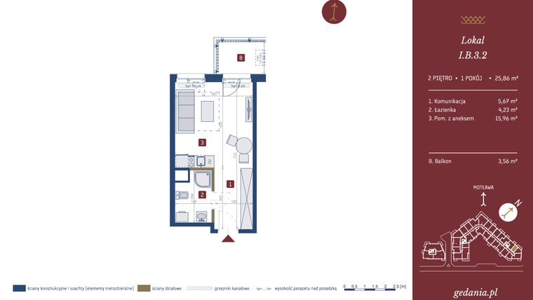 Rzut - Mieszkanie na sprzedaż 1 pokój o powierzchni 25,86 m² - numer I.B.3.2 w GEDANIA Riverside Living - apartamenty inwestycyjne