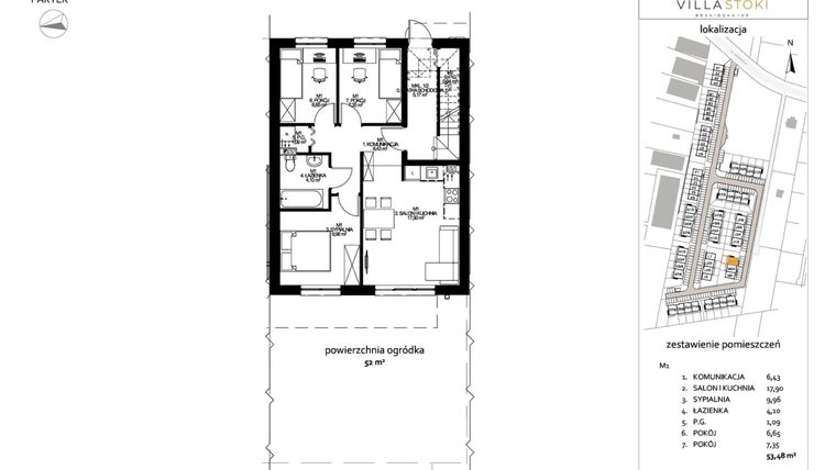 Rzut - Mieszkanie na sprzedaż 4 pokoje o powierzchni 53,48 m² - numer M1 w Villa Stoki (mieszkania)