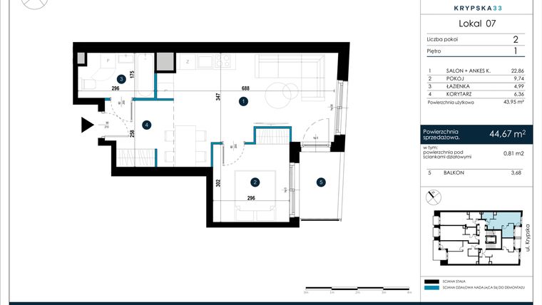 Rzut - Mieszkanie na sprzedaż 2 pokoje o powierzchni 44,67 m² - numer M07 w Krypska 33
