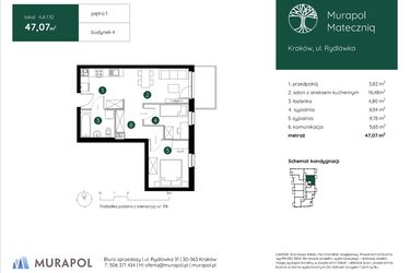 Rzut - Mieszkanie na sprzedaż 3 pokoje o powierzchni 47,07 m² - numer 4.A.1.10 w Murapol Mateczniq