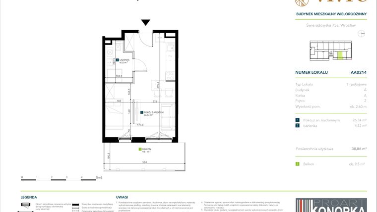 Rzut - Mieszkanie na sprzedaż 1 pokój o powierzchni 30,86 m² - numer AA0214 w Vivre